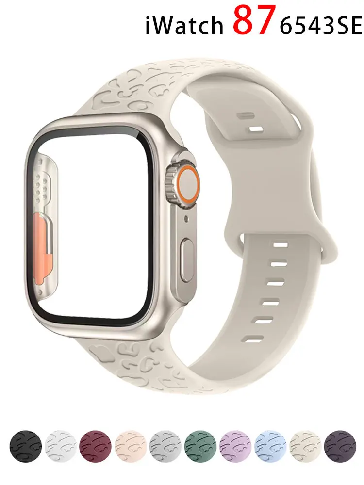 

Case+Strap For Apple Watch Band 44mm 40mm 45mm 41mm Leopard Engraved Silicone Bracelet iWatch 7 SE 4 5 6 8 Change to Ultra 49mm