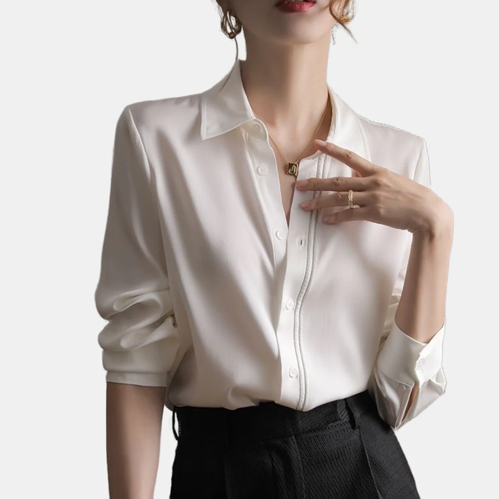 Autumn Fashion Satin Silk Women Shirt Elegant Turn Down Collar Woman Blouse White Long Sleeve Ladies Shirts Tops Blusas Elegant