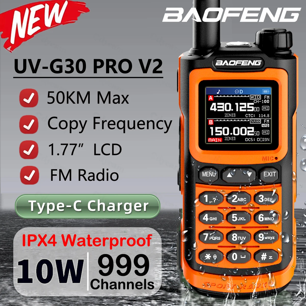 2024 Baofeng UV-G30 V2 워키토키, 무선 복사 주파수, NOAA C타입 충전기, FM 장거리 고출력 햄, 양방향 라디오, 10W