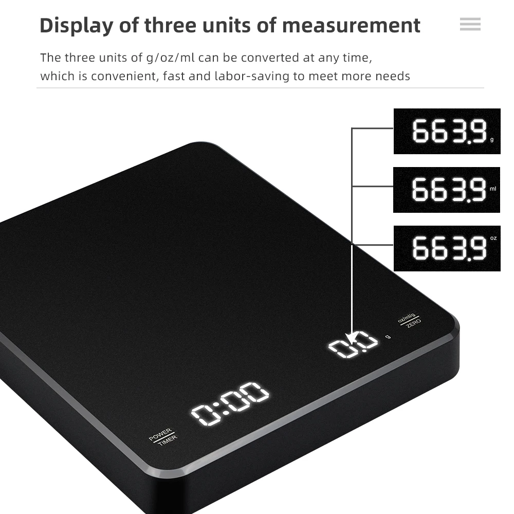 Kitchen scale 0.1g/3kg Digital Coffee Scale with Timer LED Screen Espresso USB Weighing High Precision Measures in Oz/ml/g