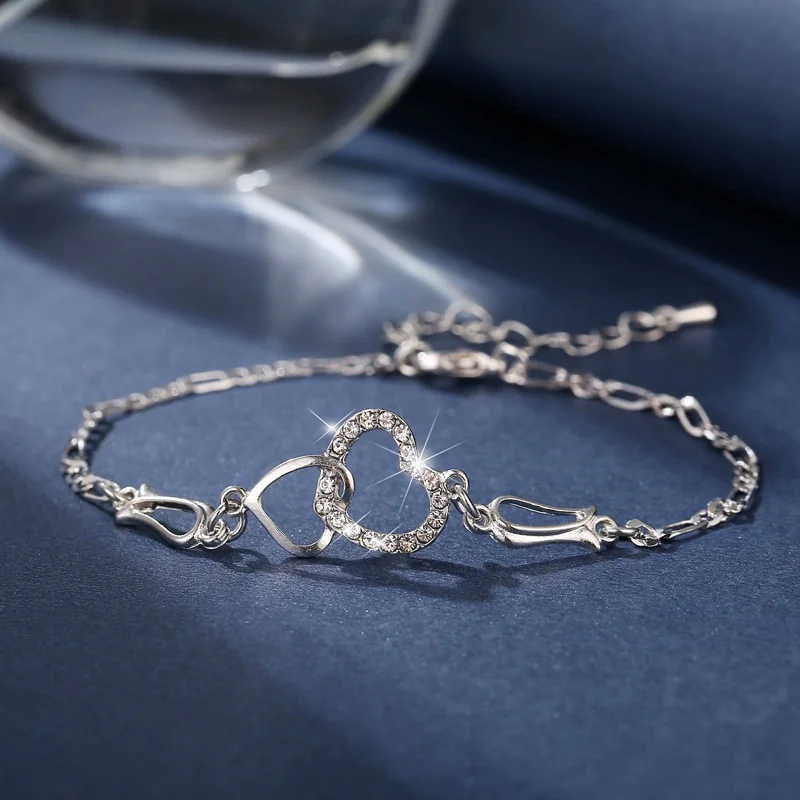 2021 Luxury Simple Big Small Hollow Double Heart-shaped Necklace Exquisite Crystal Zircon Pendant Chain Women's Wedding Jewelry 