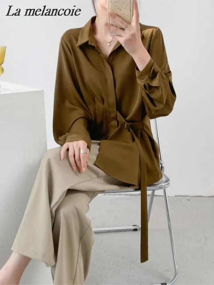 

Элегантные шикарные рубашки для женщин, весна 2024, новая модная повседневная Свободная блузка на шнуровке, офисные женские топы с отложным воротником и длинным рукавом