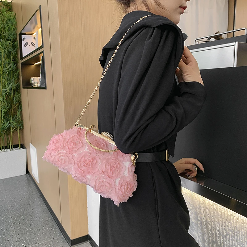 Pink Lace Floral Clutch Bag For Women Fashion Chain Shoulder