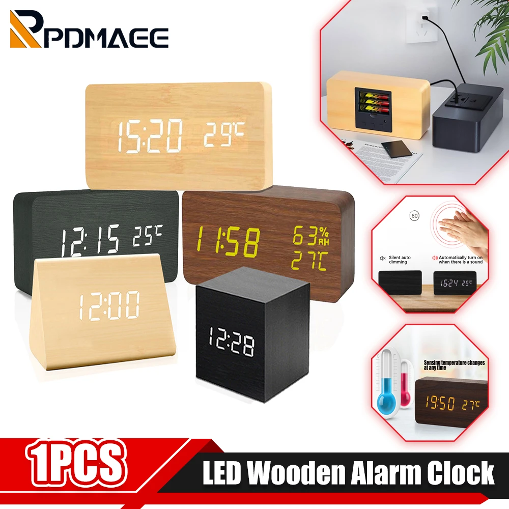 Alarm Clock LED Wooden Digital Table Clock Voice Control Wood