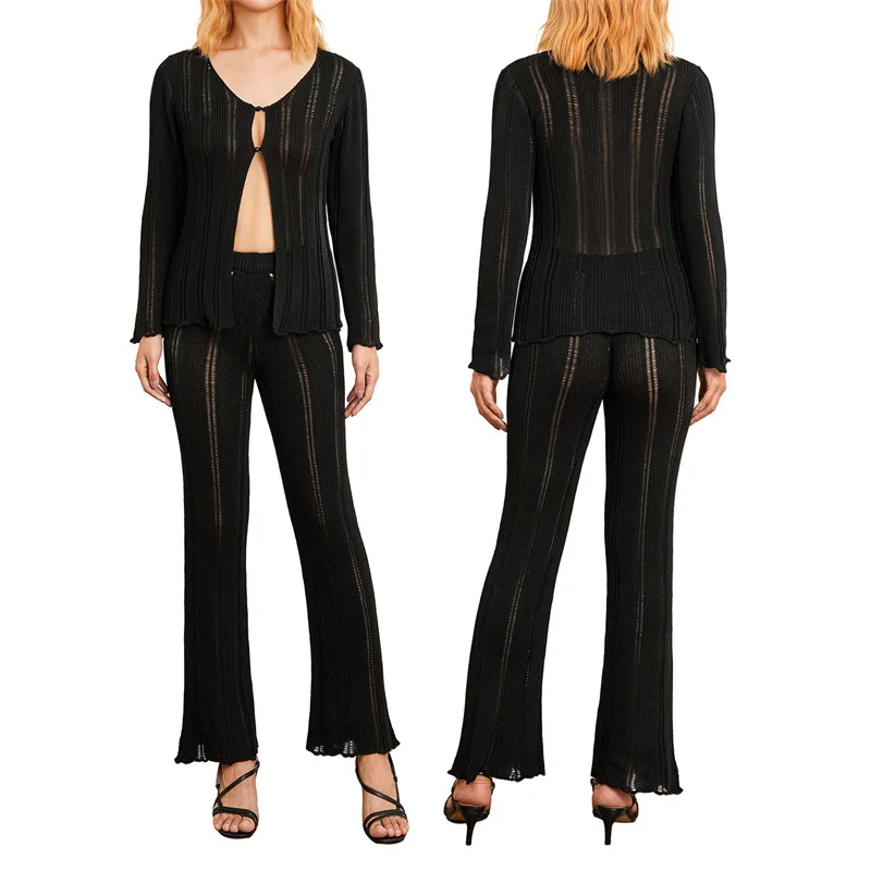 

Women Knitting Pants Suit Solid Buttons V Neck Loose Long Sleeve Tops Elastic High Waist Pants Hollow Out Casual Streetwear 2Pcs