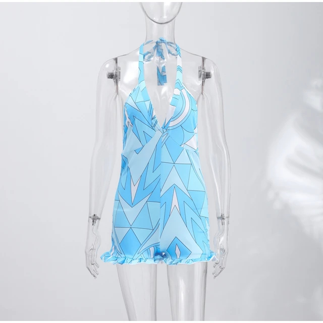 Print Women Dress Backless Mini Dress Halter High Waist Dresses Flared Skirt Hem Waist Shaping Slimming Casual Trendy Street Sty 4