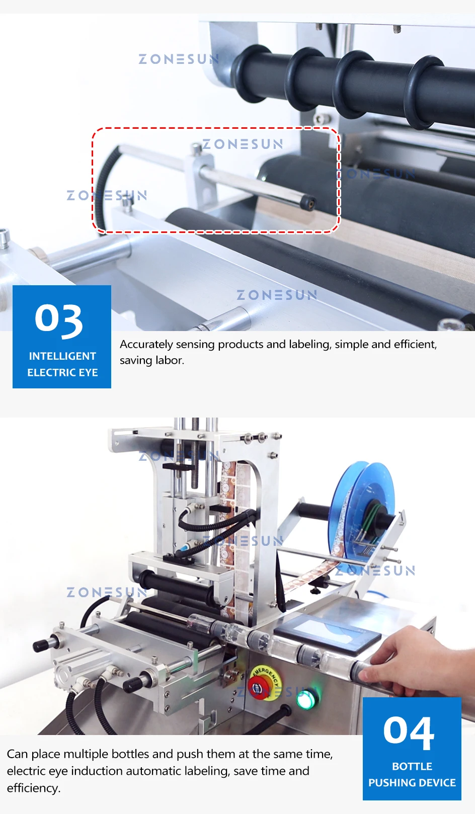 ZONESUN ZS-TB101 Slideway Single/Double Side Round Bottle Labeling Machine with Unloading Slide