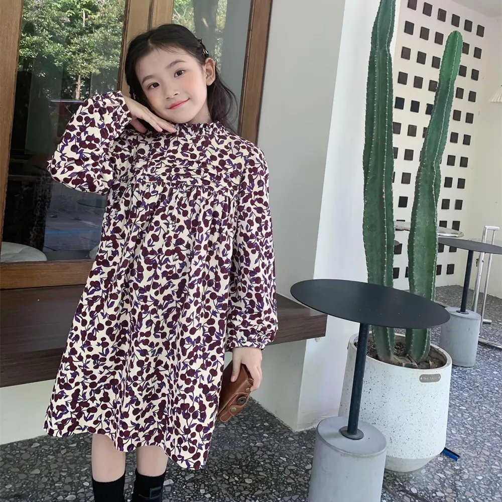 

Girl dress autumn winter kids dresses Corduroy fabric baby girls clothes Full of cherry patterned printed dress