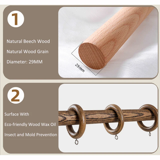 Tringle à Rideau En Bois De Hêtre Massif - Tringle Simple Avec Supports à Bride, Installation Latérale