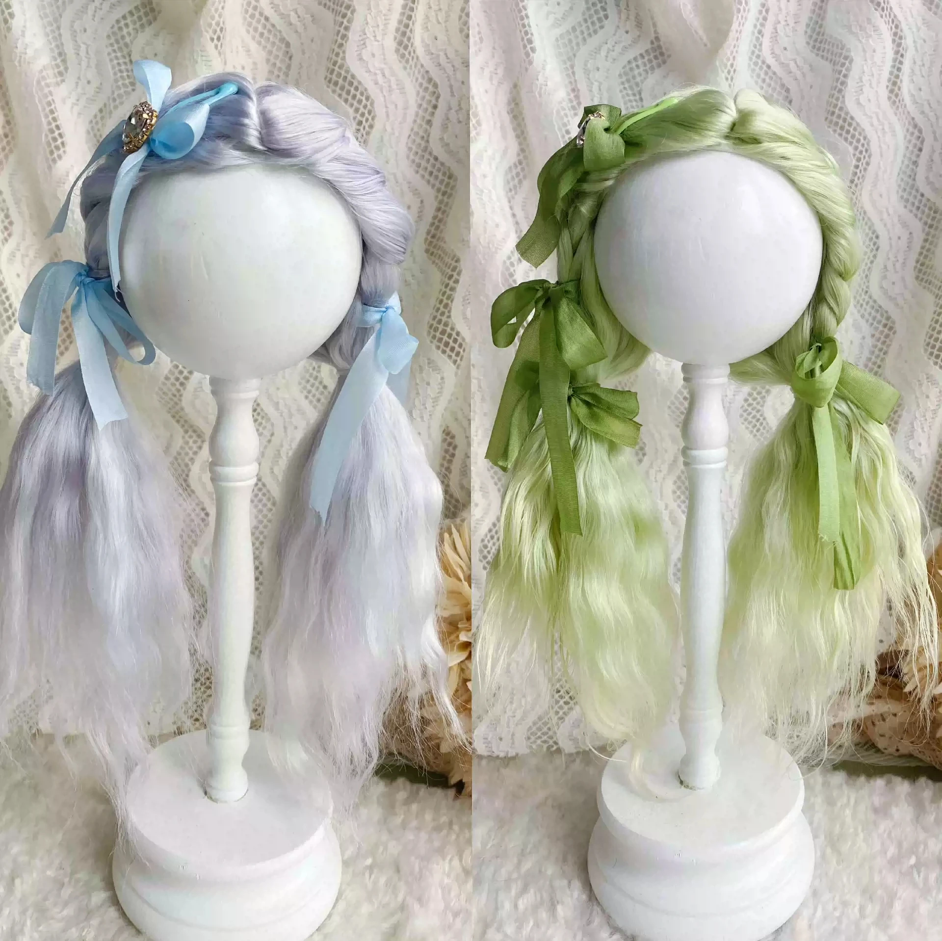 

Doll Wigs for Blythe Qbaby Mohair Blue-gray, green rolls 9-10 inch head circumstance