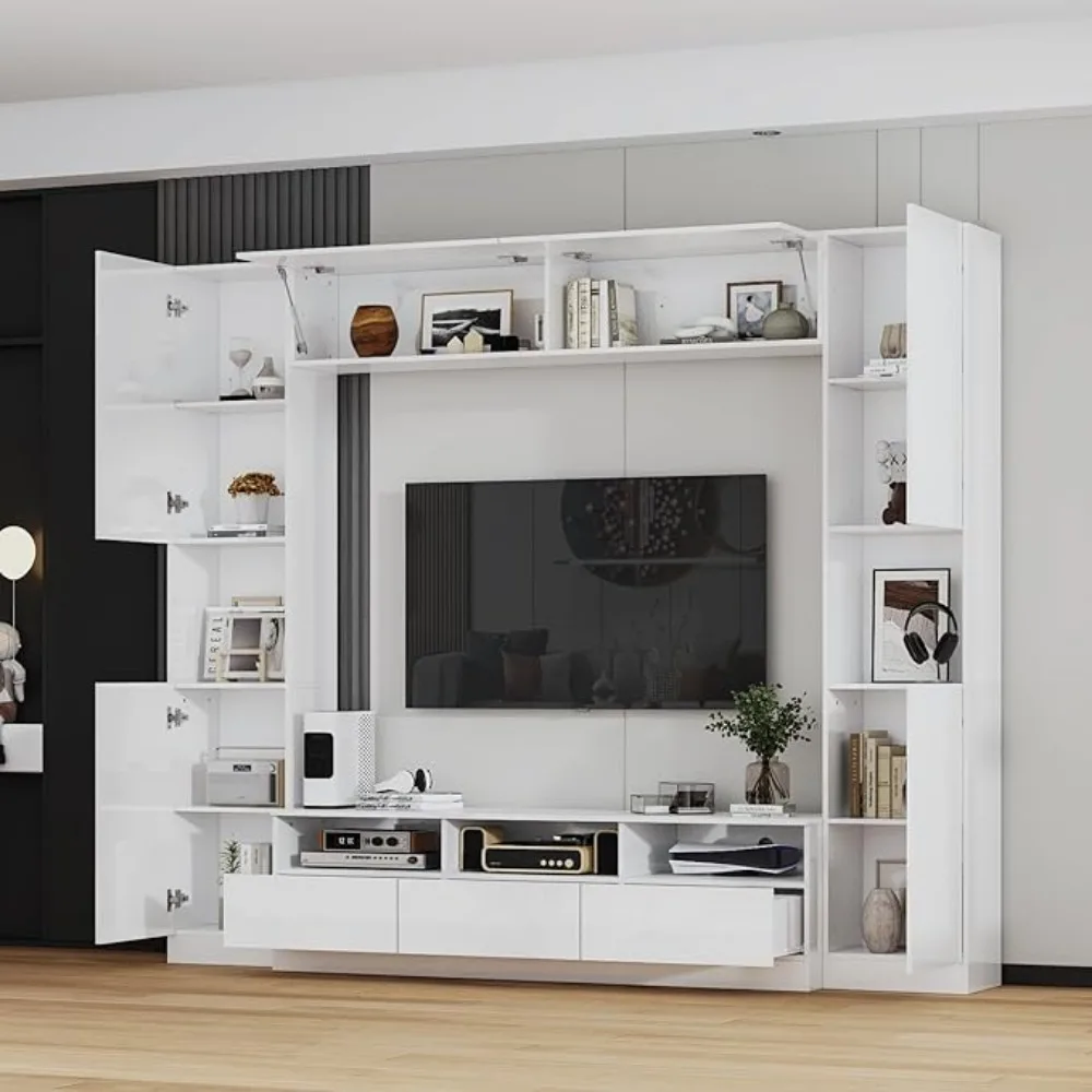 Entertainment Center with Bookshelves,High Gloss Wall Unit TV Stand,Media Center with Shelves and Drawers, Doors,for Living Room 2