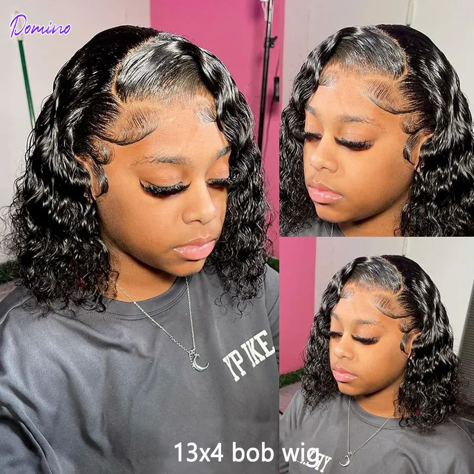 

Domino Short Curly Bob Wig 13x4 Lace Frontal Human Hair Wigs Brazilian Remy Water Wave Short Bob Wig Wet And Wavy Baby Hair