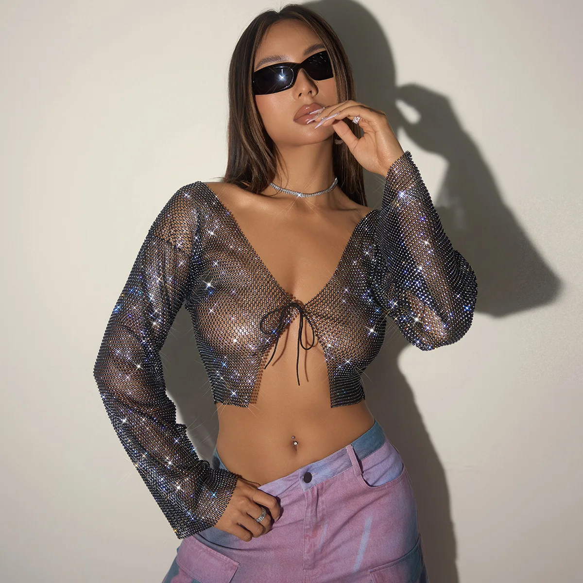 

Aesthetic Mesh Top Women Sexy Clothing See Through Deep V Neck Flared Long Sleeve T Shirts Party Clothes Clubwear