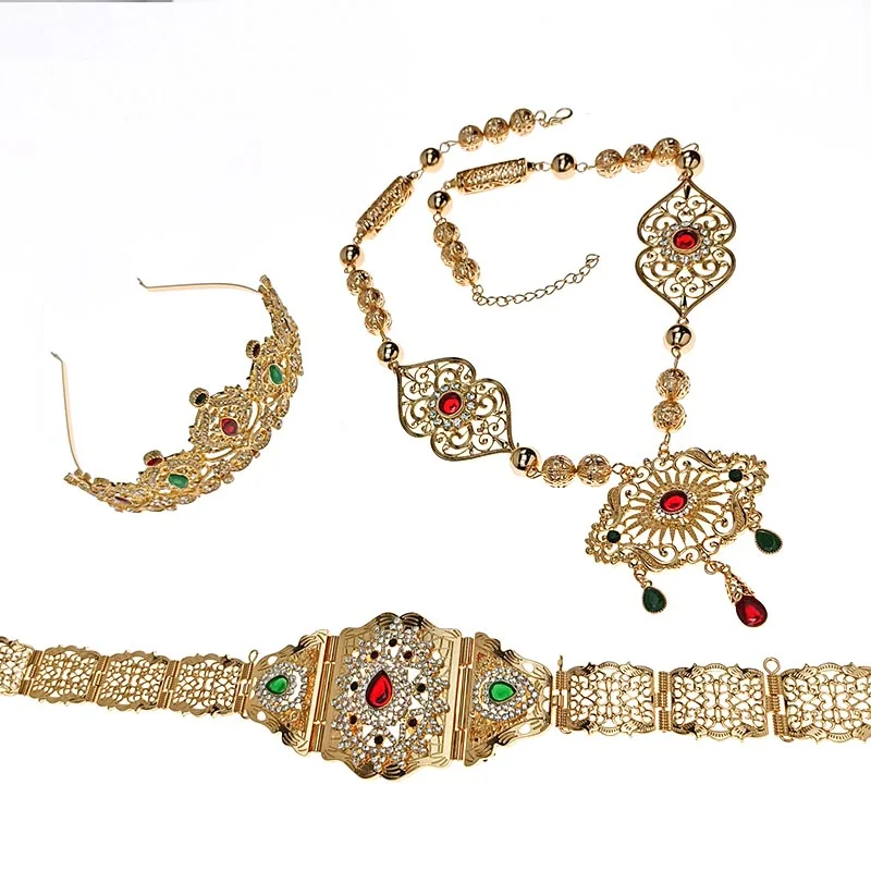 

Arabian Wedding Jewelry Set Moroccan Belt Wedding Dress Robe Belt Bridal Crown Fashion Back Accessory Crystal Flower Necklace