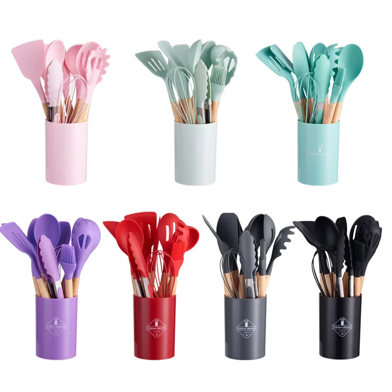 Silicone Kitchen Ware Set Wooden Handle Non-stick Spatula Cooking Utensils kitchen utensils