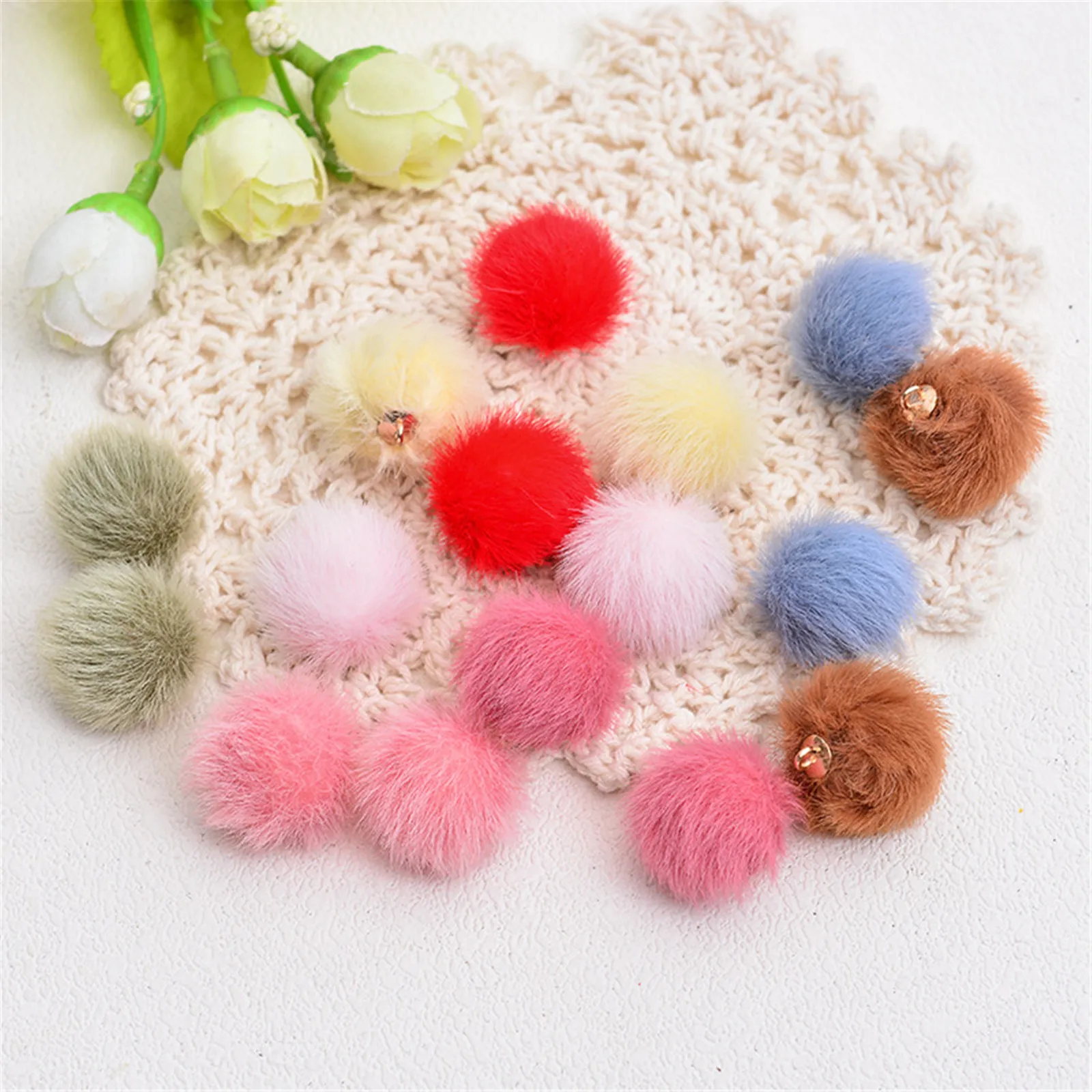 

20PCS 15MM Faux Leather Artifici Fur Pom KeyChain Rabbit Hair Bulb Bag Ball Pendant Earrings Necklace Accessories jp