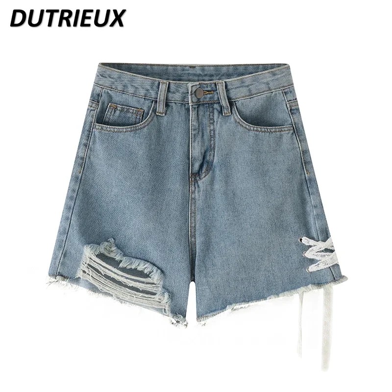Cute Girls' Summer New High Waist Denim Shorts Women's High-Grade Sense Niche Burr Straight Hot Pants Fashion Short Jeans