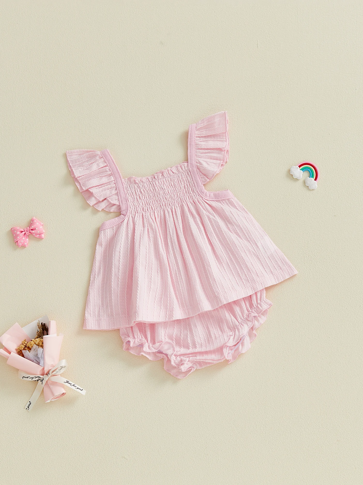 FOCUSNORM 4 Farben Schöne Baby Mädchen Sommer Kleidung Sets 0-24 m Outfits Fliegende Ärmel A-linie Tops Rüschen Trim PP Shorts Sets – Detail 7