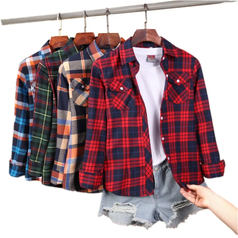 New Women's Plaid Shirts M-5XL Female Cotton Blouse Long Sleeve