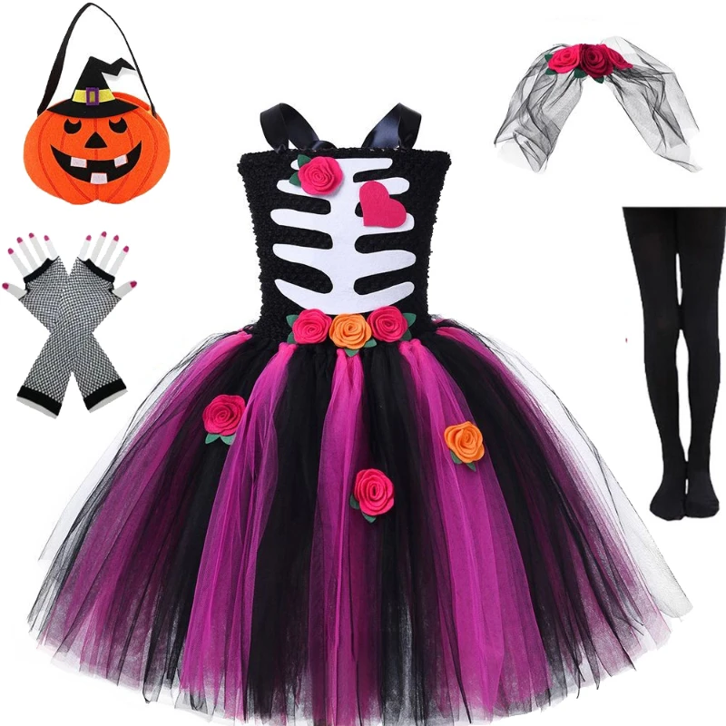 

Newest Cosplay Skeleton Costume Girl Corpse Bride Costumes Scary Skeleton Toddler Funky Punky Bone Costume Halloween Costume