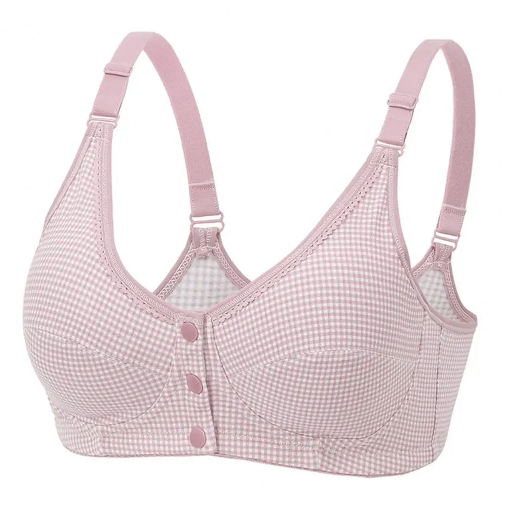 

Women Bra Front Button Closure Soft Elastic Thin No Wire Solid Color Lace Soft Wide Shoulder Strap Breathable Mid-aged Women Mot
