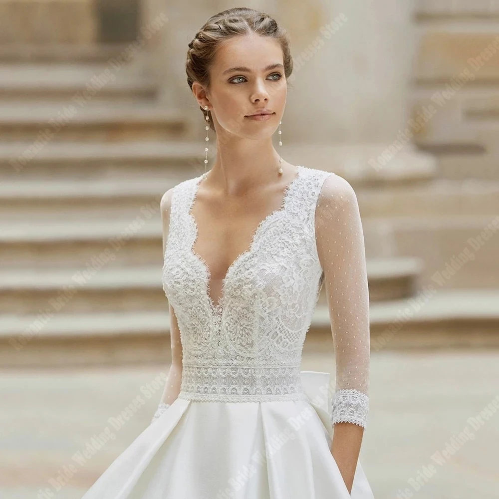 2024 Elegant Satin Women Wedding Dresses Gorgeous Mopping Length Bridal Gowns Formal V-Neck Banquet Princess Vestidos De Novias 3