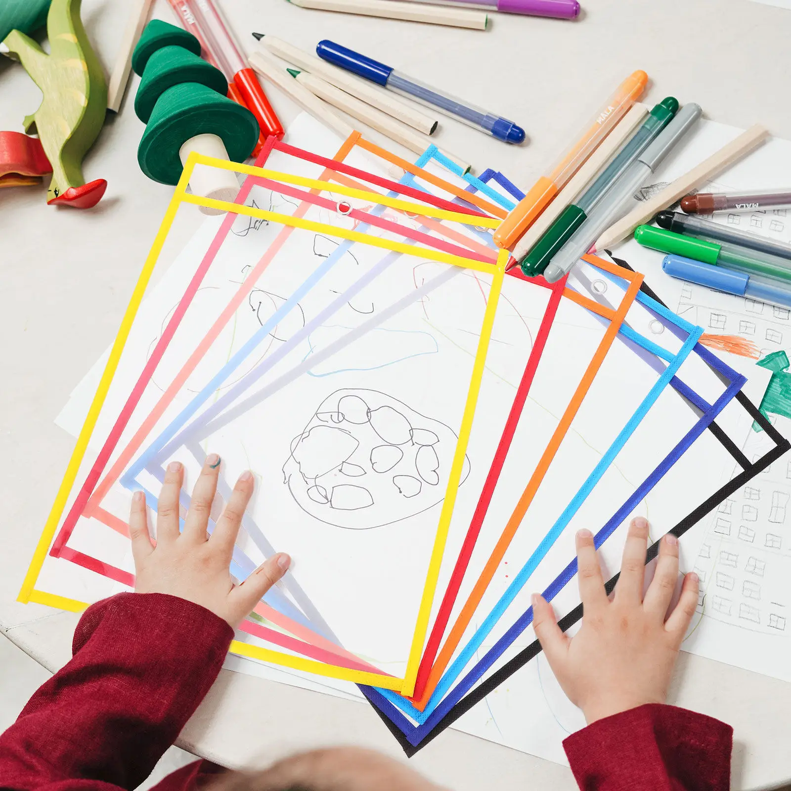 6Pcs 건식 지우기 포켓 교사 학생 교실 용품을 위한 재사용 가능한 투명 슬리브 종이 시트 보호