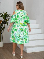 Plus Size Women's Green Floral Cold Shoulder Ruffled Sleeve Tie Dress Casual Slimming Vacation Style - Image 2