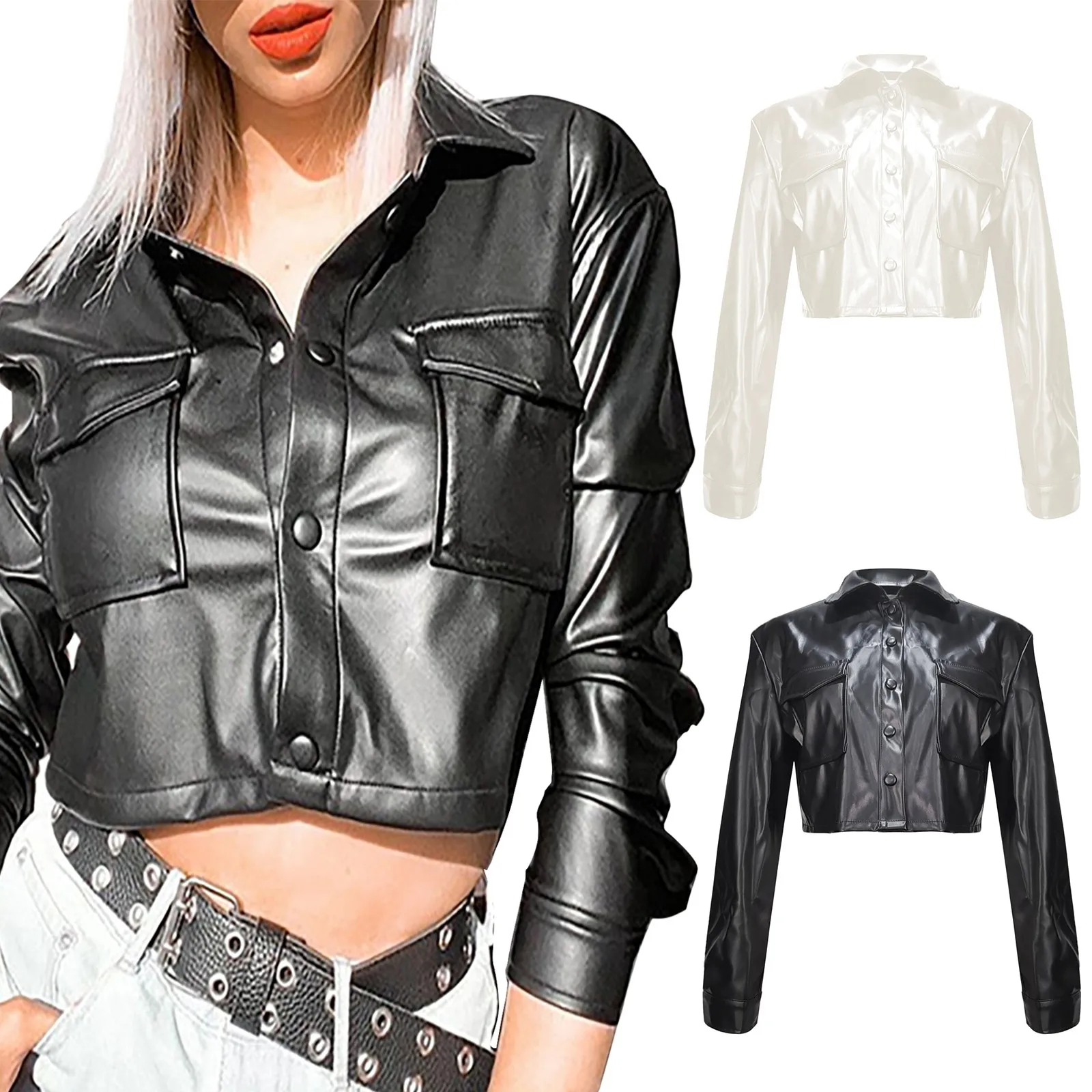 

Women's Spring And Autumn Casual Loose Fitting Long Sleeved Short Lapel Buckle Sexy Solid Color Leather Jacket