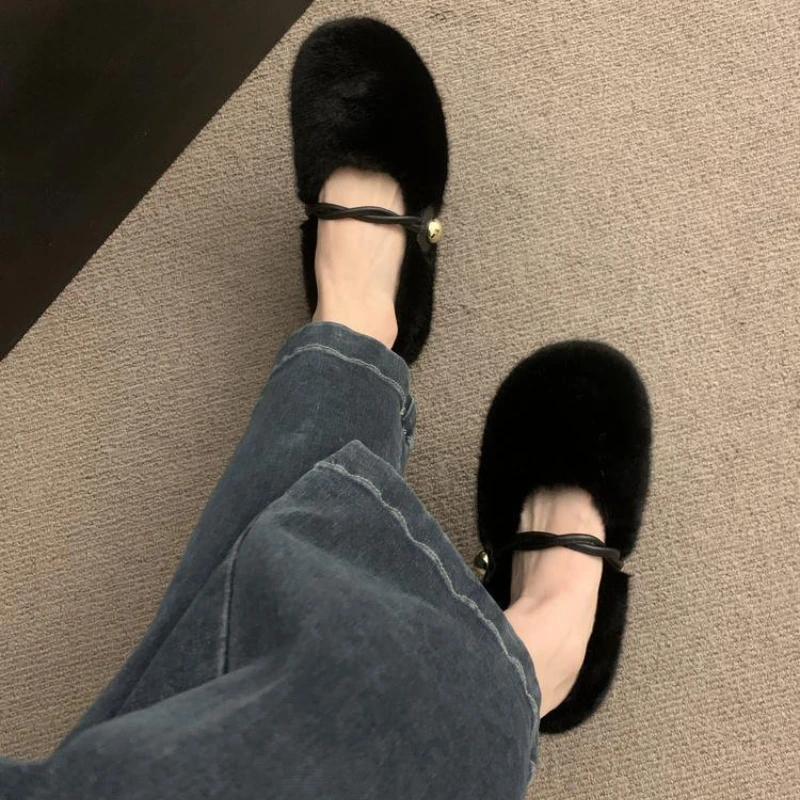 

Женские плюшевые туфли на плоской подошве, повседневные теплые туфли с круглым носком и тонким ремешком, новинка осенне-зимнего сезона 2024