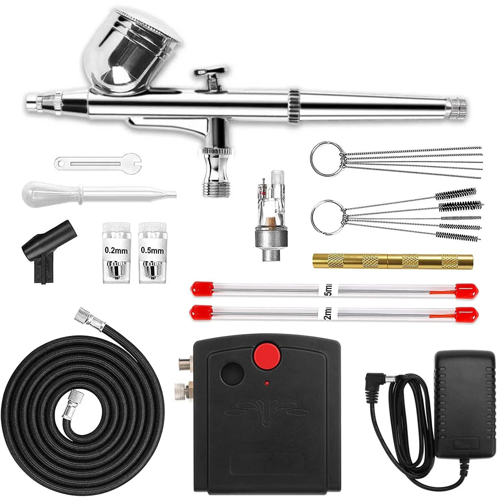 Airbrush Kit Upgraded 30 PSI Dual-Action Airbrush Compressor Kit for Nail Makeup Model Cake Painting 0.2mm/0.3mm/0.5mm