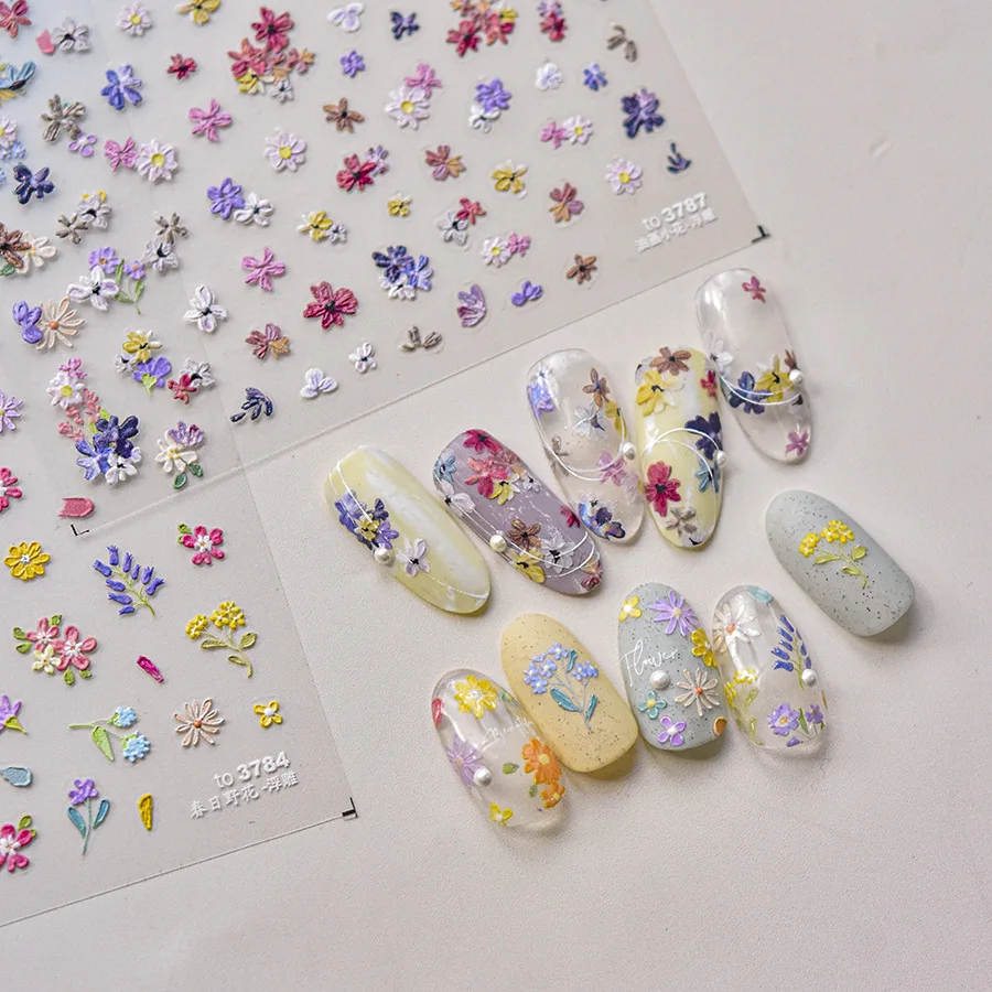 

1pcs 5D Exquisite Wildflowers Nail Art Stickers Colorful Flower Adhesive Transfer Slider DIY Spring Nail Decoration Parts Decals
