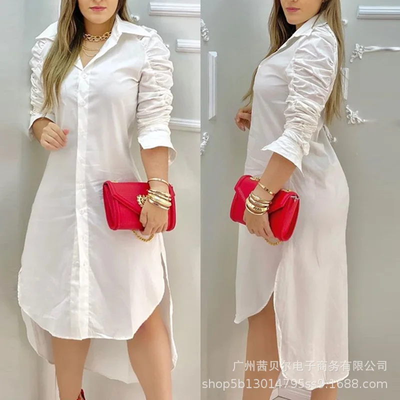 

Casual Woman Long Shirt Dress 2024 Summer Autumn Long Sleeve Breasted Button Cotton Loose Clothing White Oversized Womens Dress