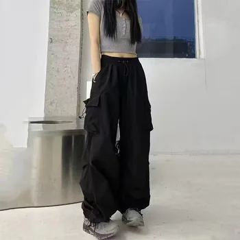 미국 스타일 블랙 스트레이트 발목 묶인 바지 여성 여름 2023 새로운 복고풍 느슨한 슬리밍 넓은 다리 캐주얼 바지