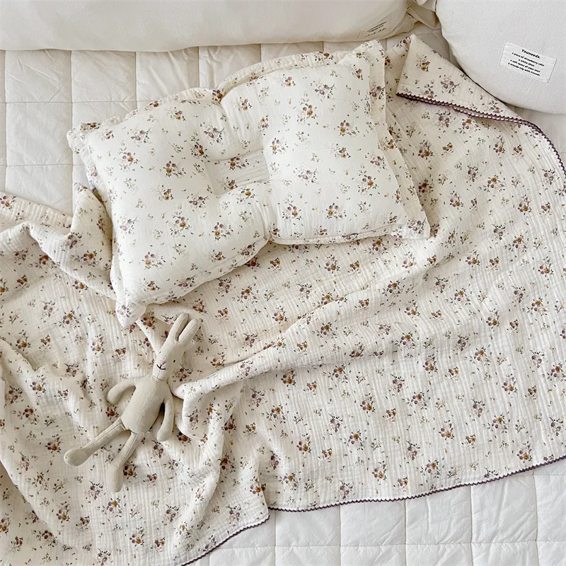 Cotton Muslin Baby Floral Blanket and Pillow Set Floral Toddler Blanket and Pillow Set with Reversible Design