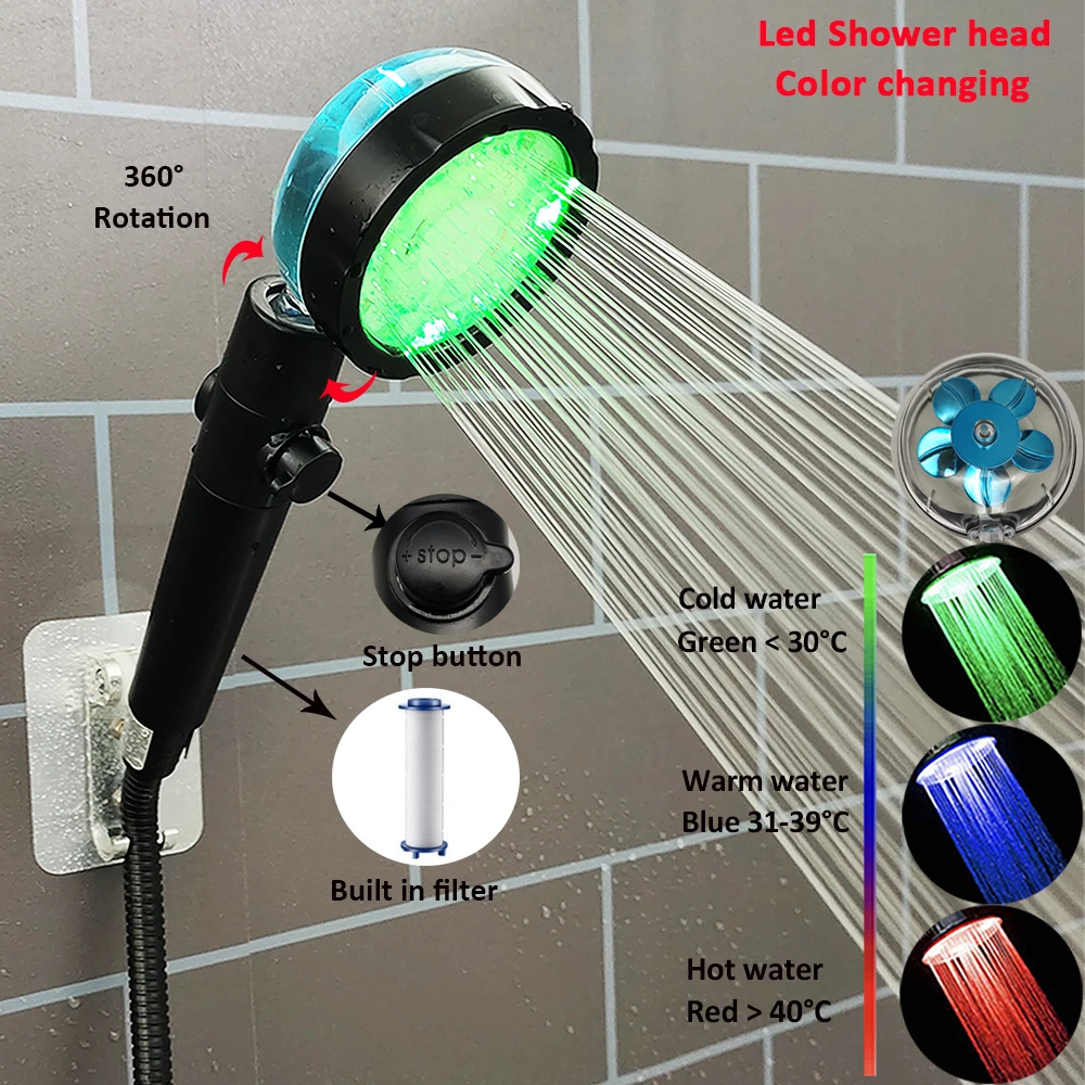 3/7 Colors Changes Led Shower Head Turbo Fan Propeller Filtered