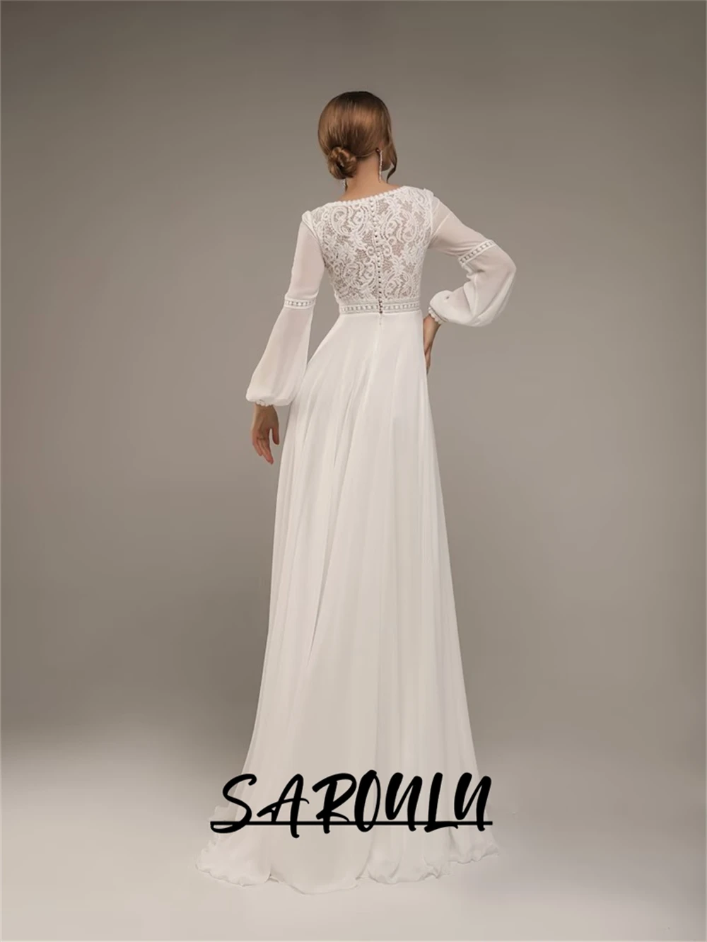 Wedding Dresses Maxi Chiffon Women Boho Lace Long Sleeve Beach Bride