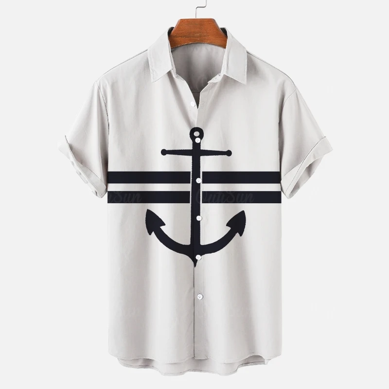 Simple Men's Shirt 3d Ship Anchor Striped Print Short Sleeved Shirt Beach Casual Hawaiian For Men Loose Oversized Tops