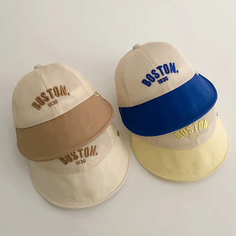 Sombrero de sol de verano para bebé, gorra de malla transpirable de ala grande para niños, visera ajustable para exteriores, letras sólidas para niño y niña_voghion.com