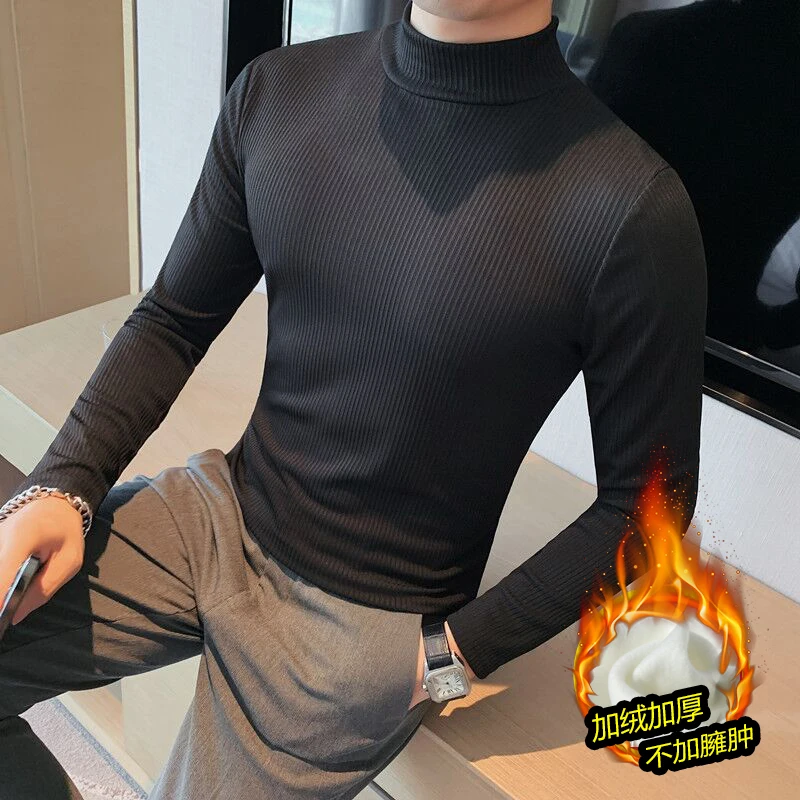

Slim Fit Pullovers Turtleneck Men Casual Basic Solid Color Warm Striped Sweater Mens New Winter Fashion Sweaters Male