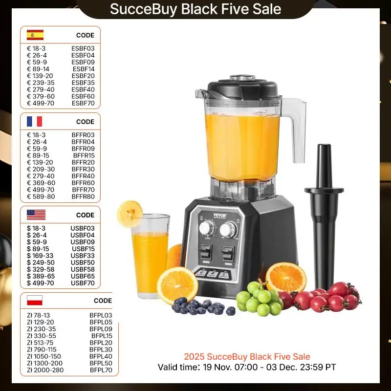 SucceBuy 2L Smoothie Blender Professional Countertop Fruit Food Processor Mixer Maker with Stainless Steel for Home Kitchen Bar