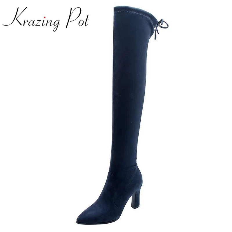 

Krazing Pot Big Size 43 Stretch Boots Flock Soft Comfortable Pointed Toe Super High Heel European Style Over-the-knee Boots L15