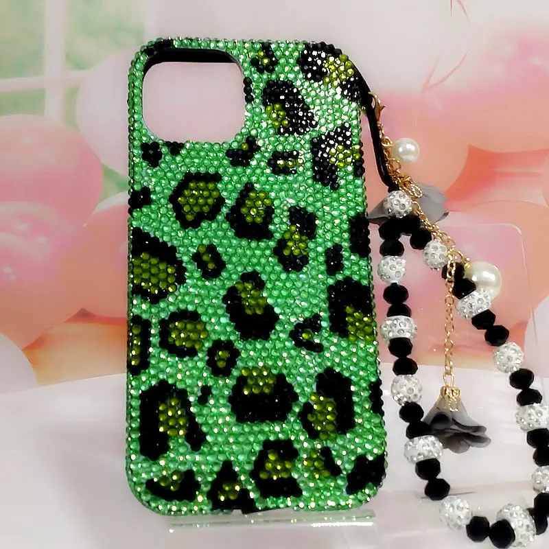 Bing Bing Green Leopard Print Rhinestone Phone Protective Case for iPhone11 121314 15pro Max Xs Xr Phone Case Rhinestone