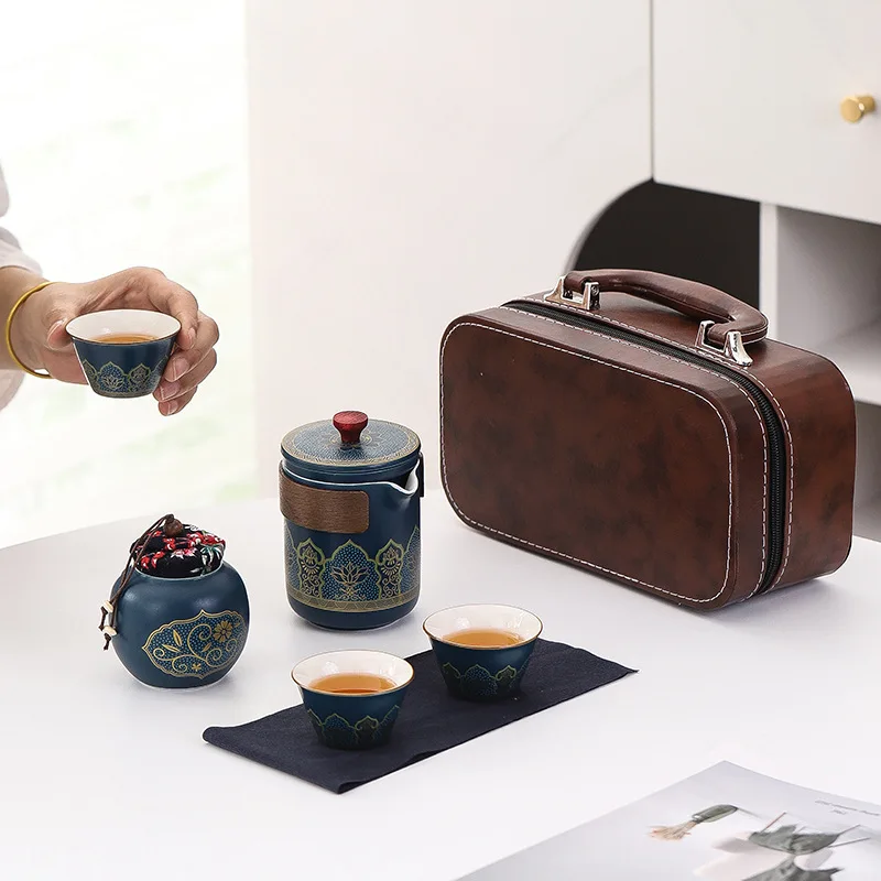 

Ceramic Travel Tea Set Portable Bag, Quick Guest Cup, One Pot, Three Cups, Tea Jar Set, Kung Fu Tea Set, Hand Gift