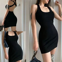 Women Sleeveless Halter Collar Short Dress Solid Color Crisscross Backless Package Hip Bodycon Dresses Party Clubwear