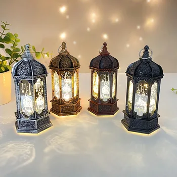 Eid Mubarak LED Warm Retro Night Light Portable Metal Plastic Portable Lantern Home Table Wall Lighting Ramadan Party Decoration
