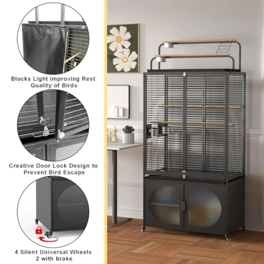 Large Bird Cage with Play Top and Rolling Storage Cabinet 5