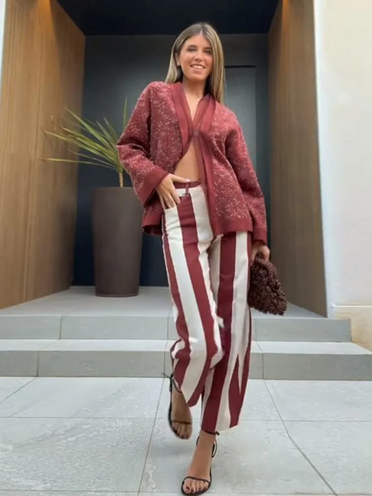 Jean décontracté rayé pour femme, taille mi-haute, avec poches à bouton unique, coupe droite, collection Printemps-Été 2026, pantalon tendance pour femme