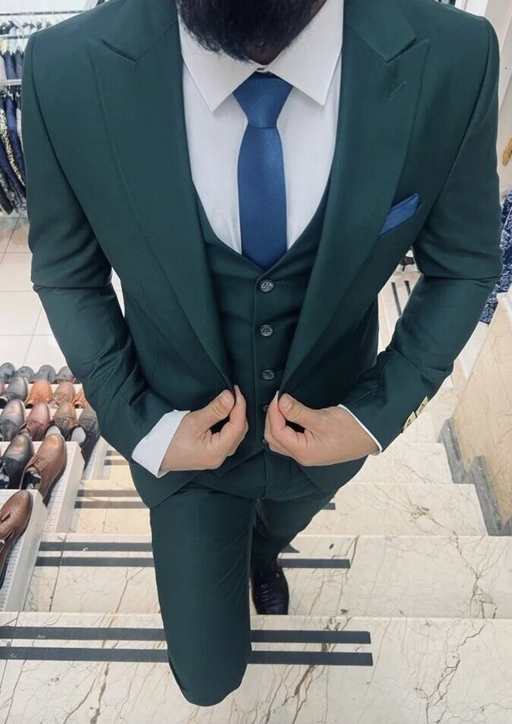 

New Men's Customized Suit Slim Dark Green Top Pant Tank Top Three piece Bridegroom Wedding Suit Set