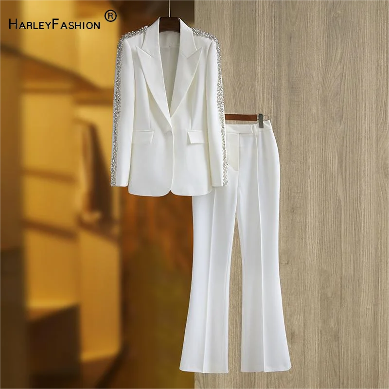 

Office Lady Suit Rhinestone Shoulder Long Sleeve Line Single Button Blazer Solid Flared Pants Women 2Pcs